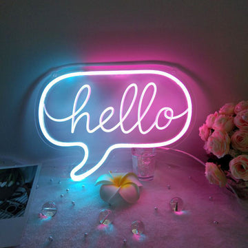 Różowo-niebieski neon z napisem Hello