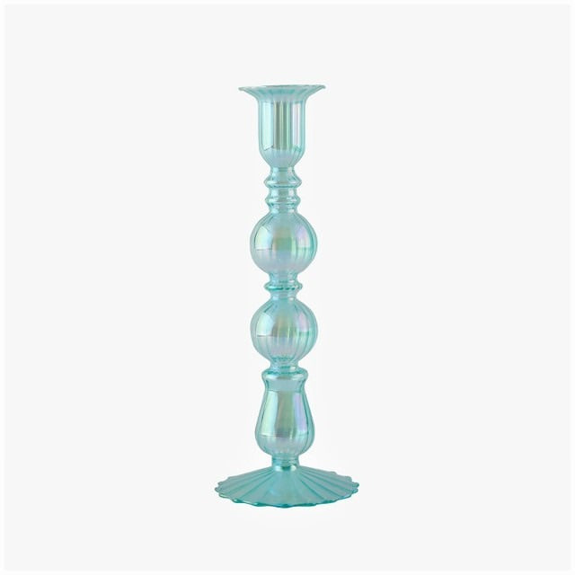 Szklany świecznik w kolorze aqua blue