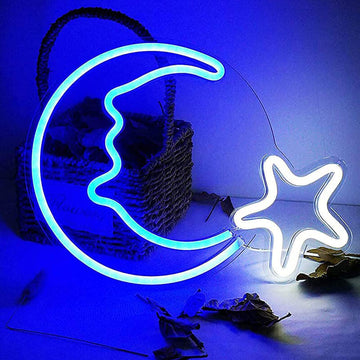 Neonowy napis na ścianę Blue Moon i Gwiazda