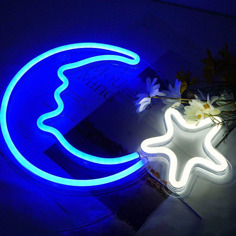 Neonowy napis na ścianę Blue Moon i Gwiazda