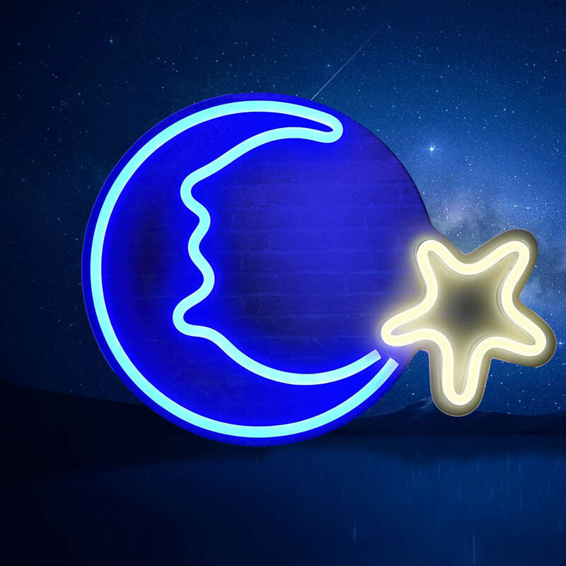 Neonowy napis na ścianę Blue Moon i Gwiazda