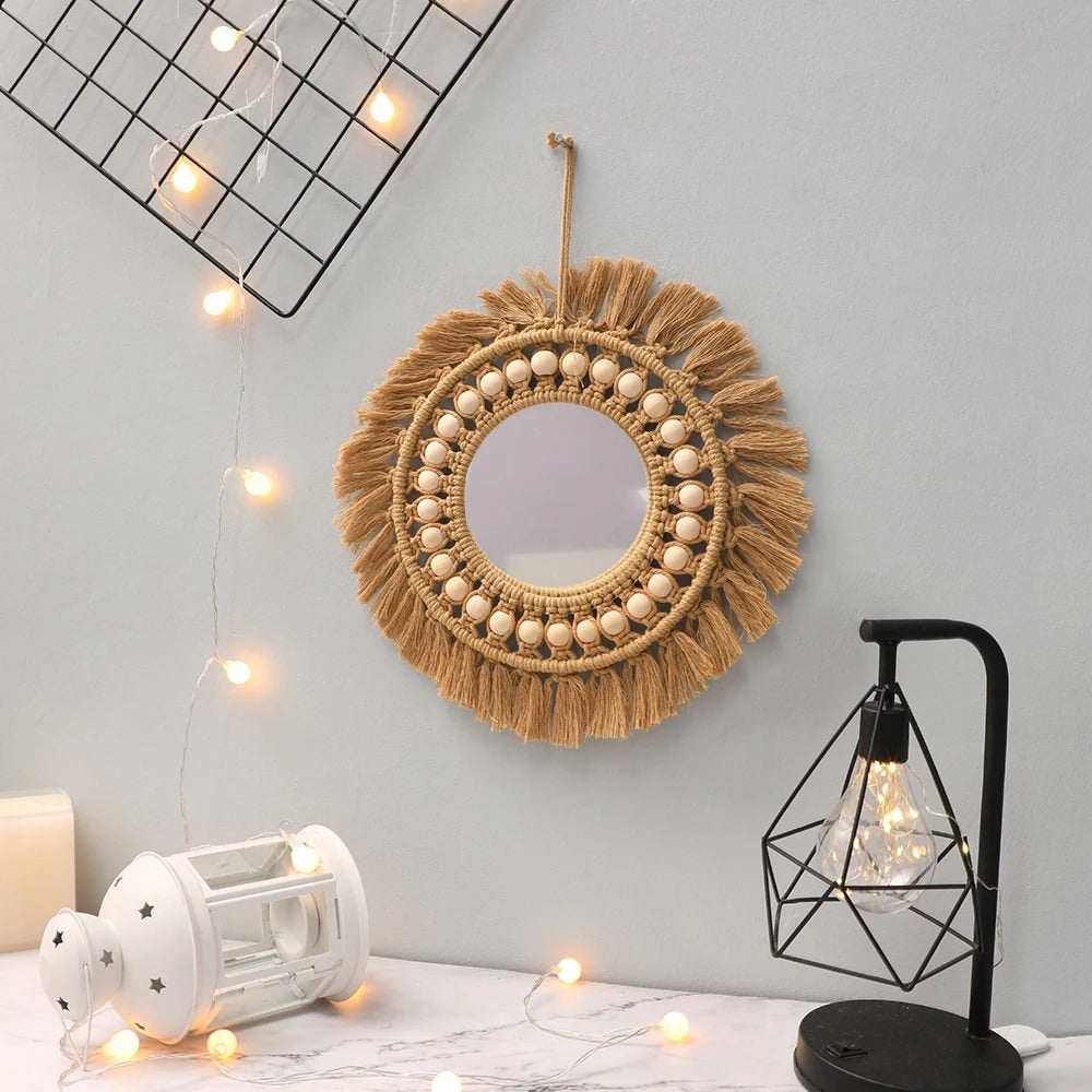 Boho Estetyczny Brązowy Lusterko z Makramą