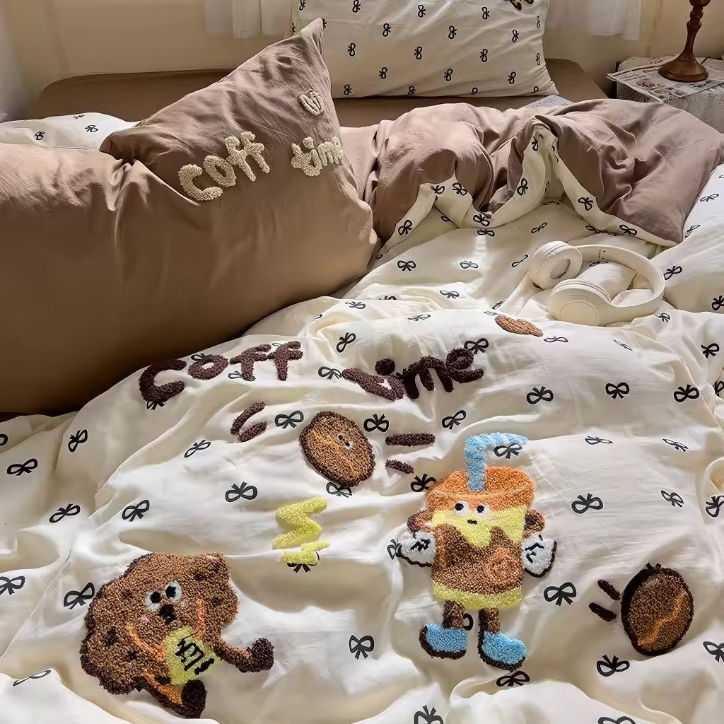 Coffee Time Embroidery Bedding Duvet Cover Set