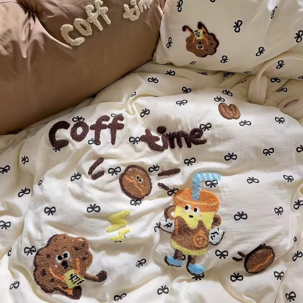 Coffee Time Embroidery Bedding Duvet Cover Set