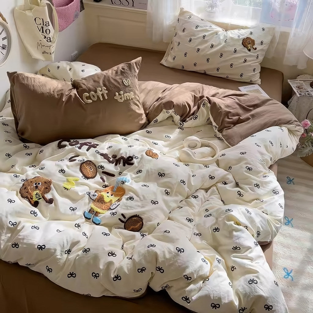 Coffee Time Embroidery Bedding Duvet Cover Set