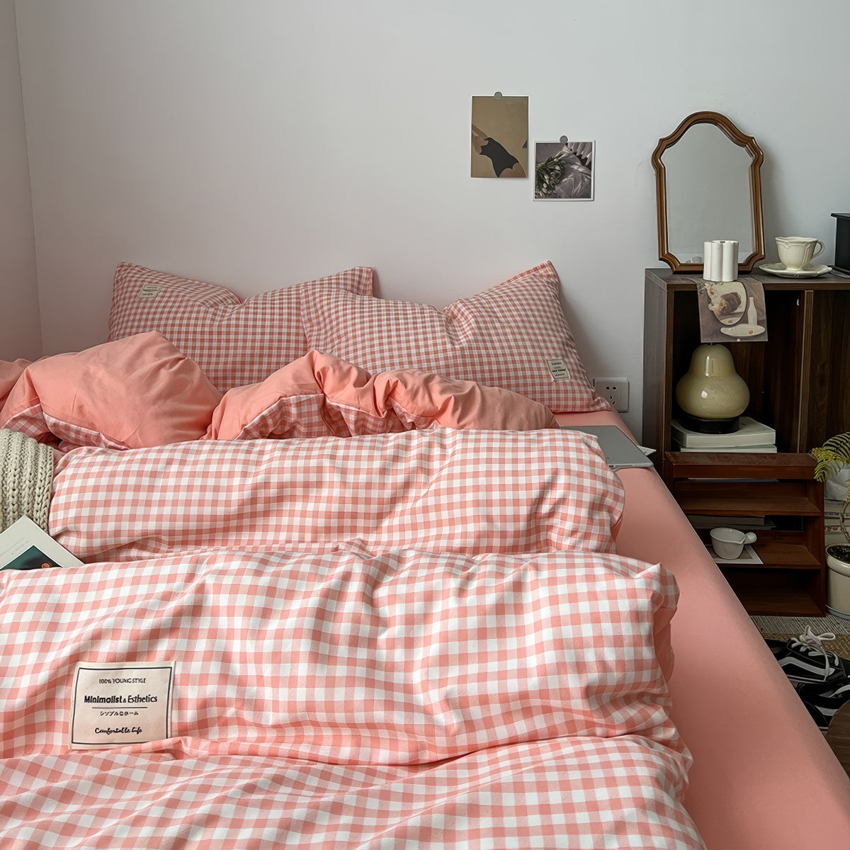 Zestaw pościeli w różowo-brązową kratę Peachy Pink