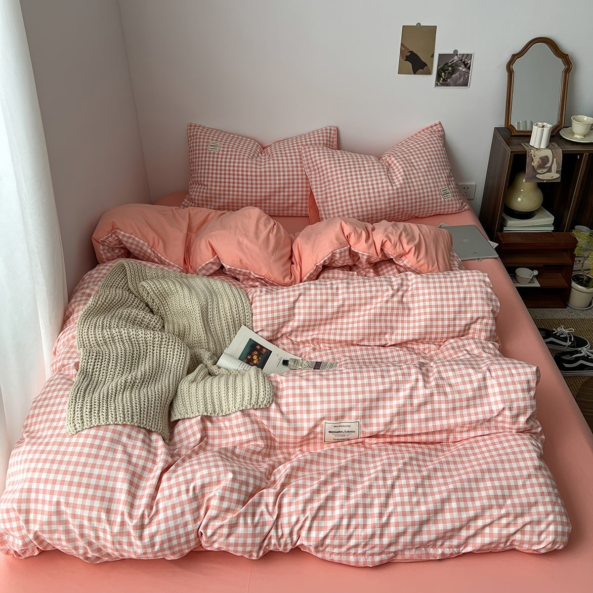 Zestaw pościeli w różowo-brązową kratę Peachy Pink