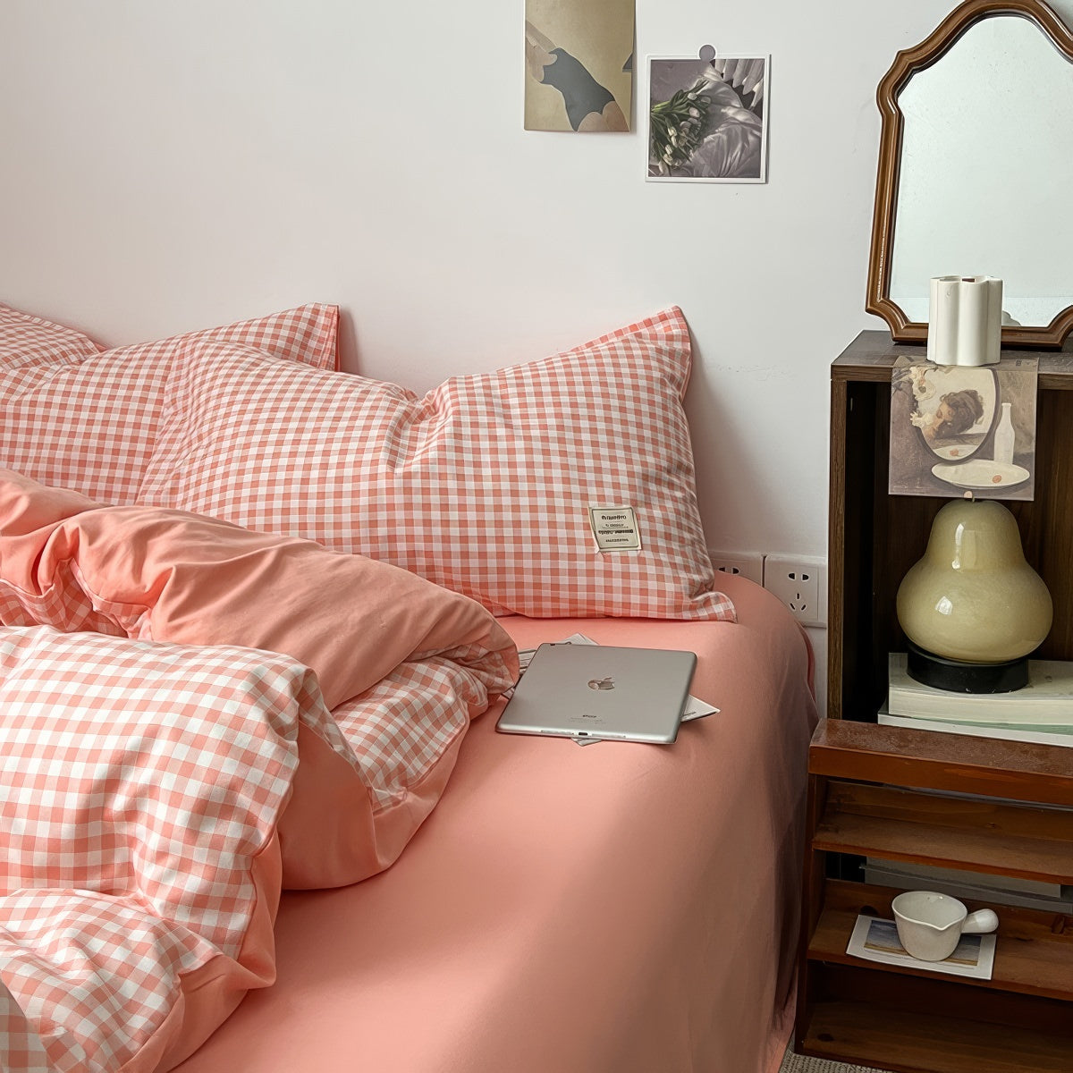 Zestaw pościeli w różowo-brązową kratę Peachy Pink