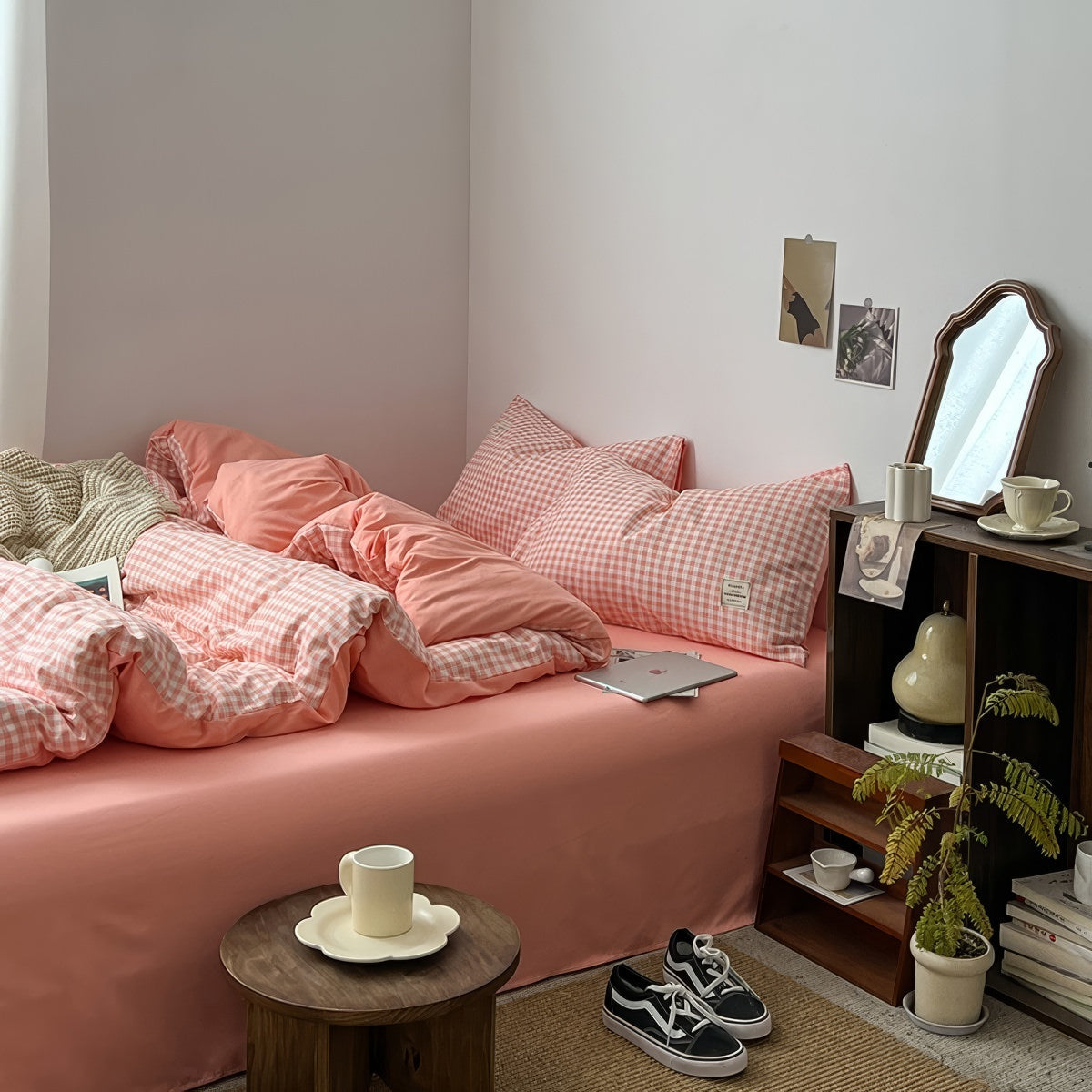Zestaw pościeli w różowo-brązową kratę Peachy Pink