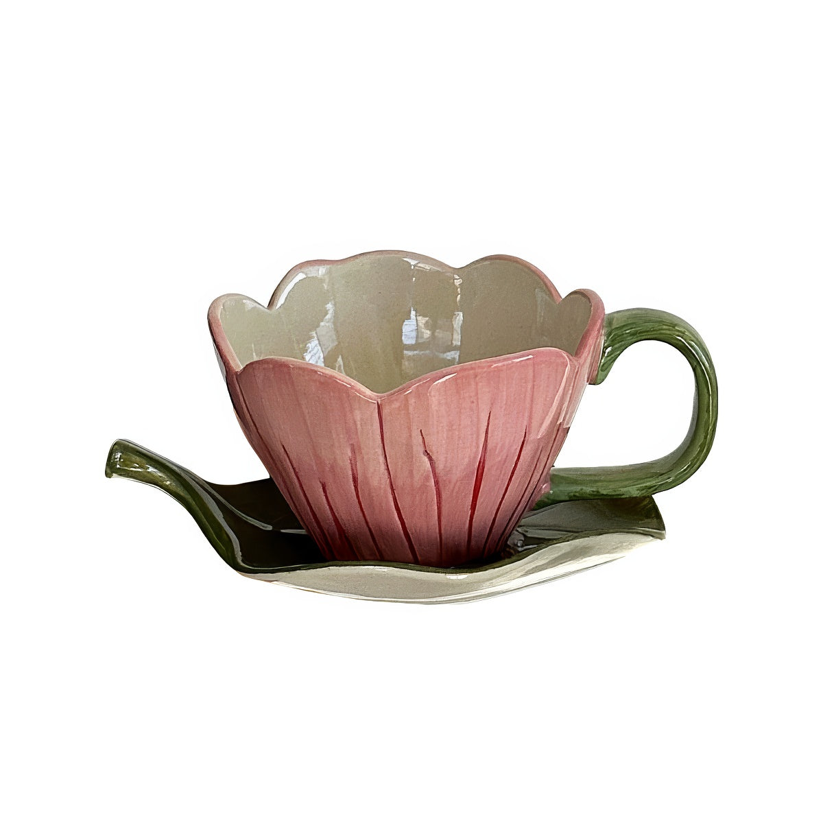 Zestaw ceramicznych filiżanek z kwiatkiem i spodkiem w kształcie liścia