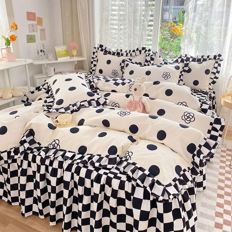 Pościel w kropki kawaii w kratkę z falbankami