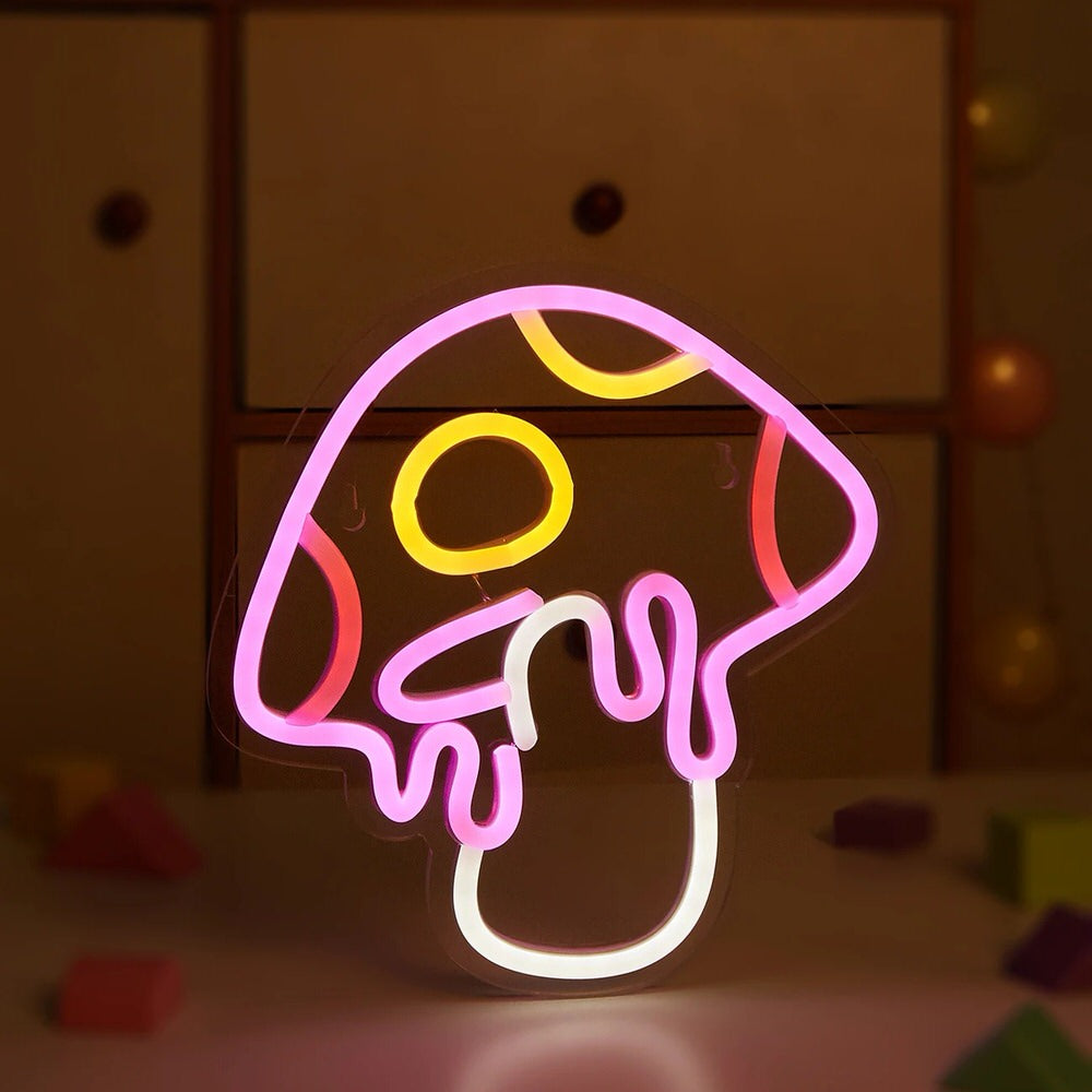 Różowy neonowy napis LED z motywem psychodelicznego grzyba