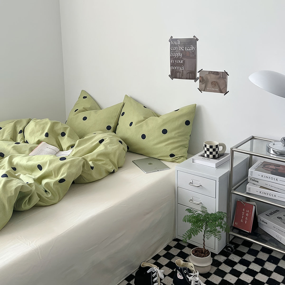 Zestaw pościeli w sage green z kropkami