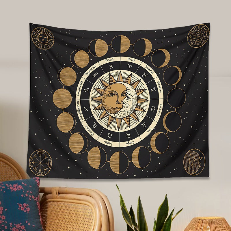 Gobelin z fazami księżyca i zodiakiem