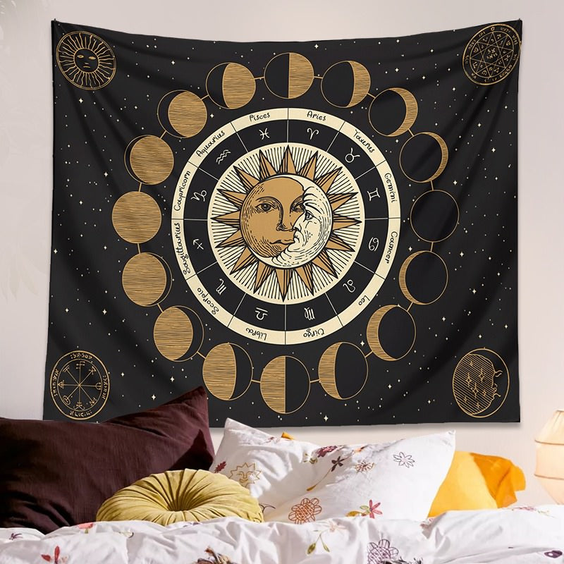 Gobelin z fazami księżyca i zodiakiem