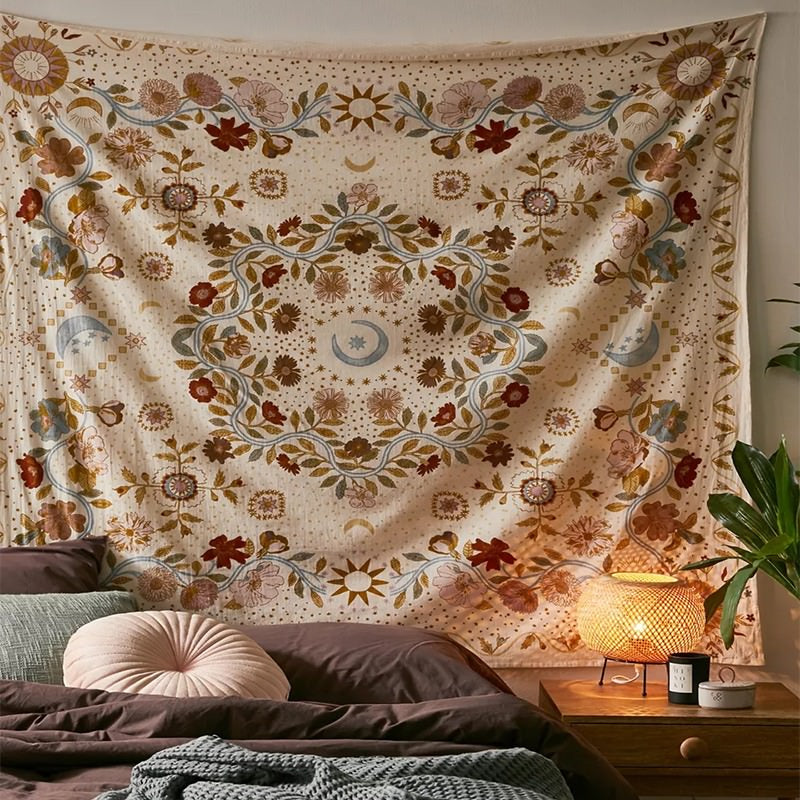 Welurowa Tkanina z Mandalą Księżycową i Wzorami Kwiatowymi w Stylu Vintage