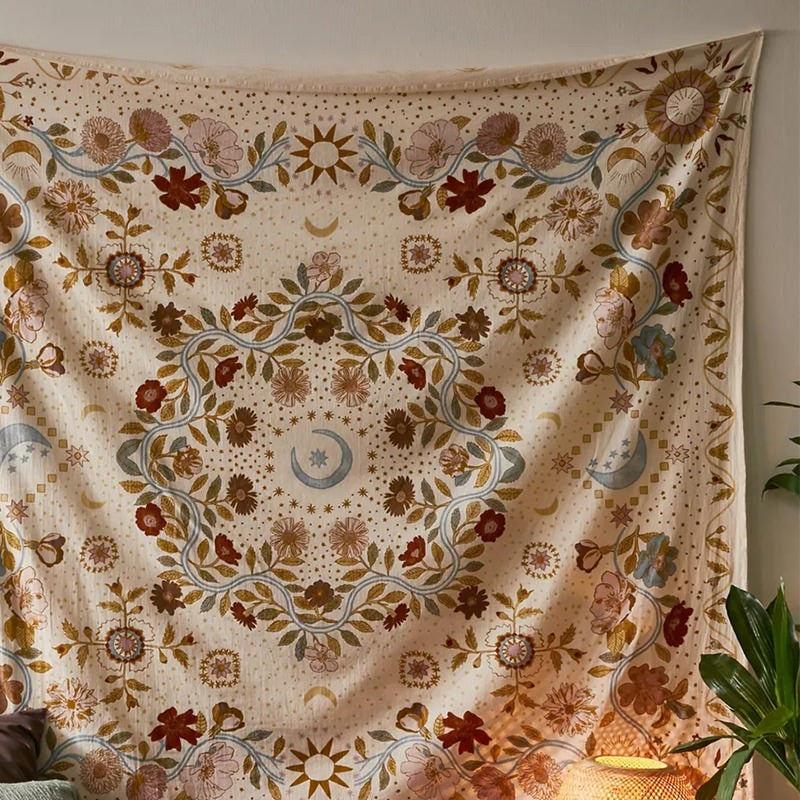 Welurowa Tkanina z Mandalą Księżycową i Wzorami Kwiatowymi w Stylu Vintage