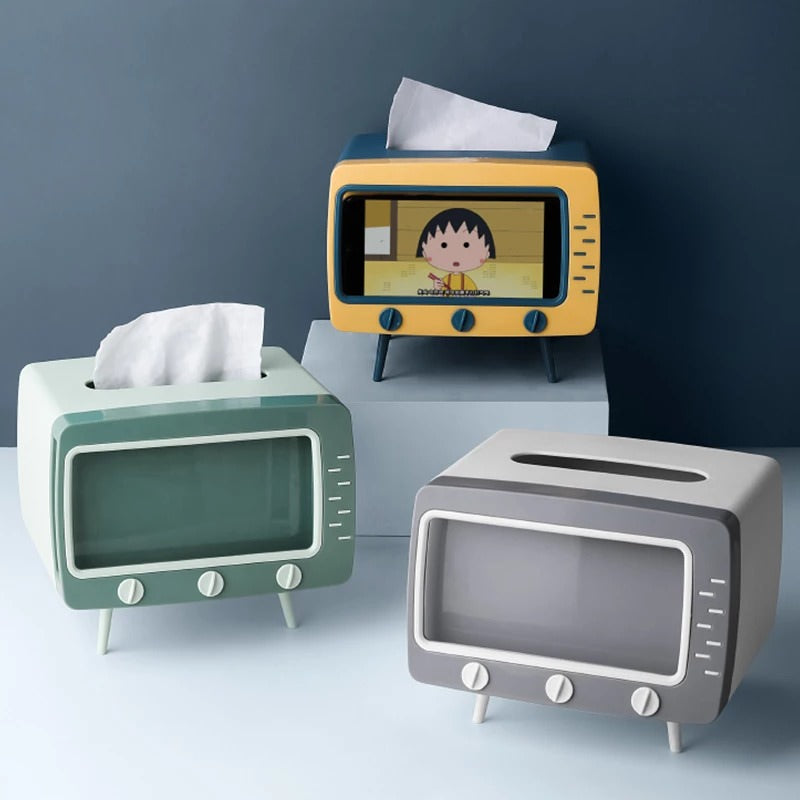 Vintageowy stolik pod telewizor z pojemnikiem na chusteczki